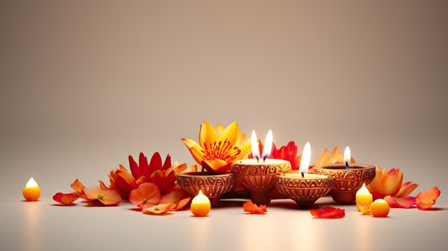 Happy Diwali. Burning diya oil lamps and flowers on a pastel background. Traditional Indian festival of light. Celebration of a religious holiday. Copy Space