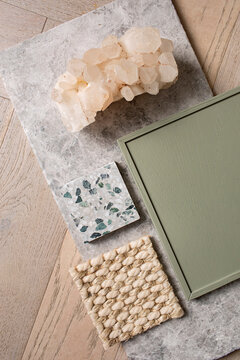 flatlay of samples for architectural design elements and moodboard