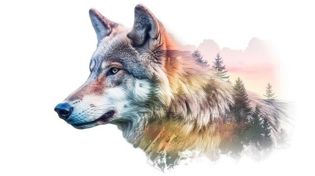 An alpha wolf and the spectacular colorful nature and green forest, clean sharp focus, on white background, double exposure photography. AI Generative