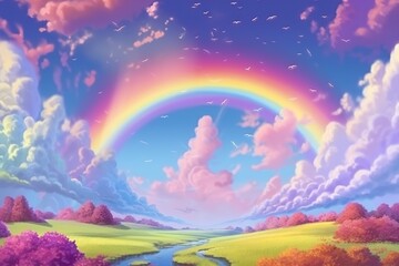 Fototapeta na wymiar Fantasy sky rainbow. Fairy skies rainbows colors, magic landscape and dream sky background illustration.