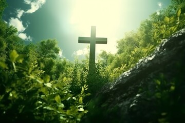 The cross of God with green Leaf, in the rays of the sun and blue sky. Cross on the hill with green trees and graeen natural view. Religious concept, 