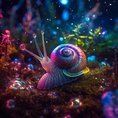 Iridescent Snail in a Fairy Forest, Close Up of a Shimmering Shell. 