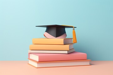 School books with accessories and graduation hat on pastel background with copy space