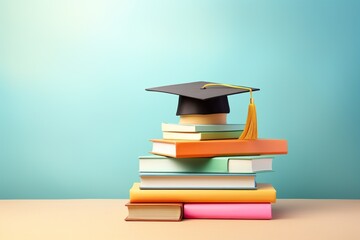 School books with accessories and graduation hat on pastel background with copy space