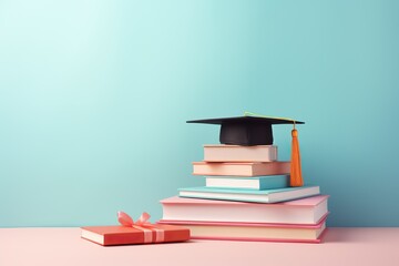 School books with accessories and graduation hat on pastel background with copy space