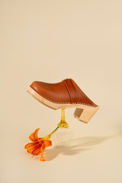 Clogs shoes still life on nude background