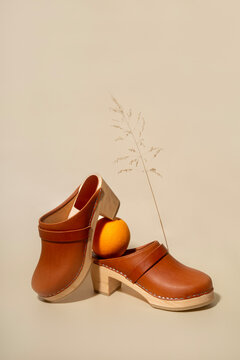Clogs shoes on nude background