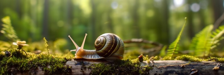 A Journey Through the Forest. Close-up of a Snail in the Forest with Natural Background. AI Generative