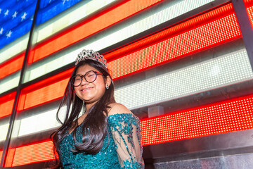 Portrait Of A Fifteenth Birthday Quinceanera With The USA Flag.