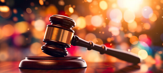 Legal law concept image gavel bokeh. law and authority lawyer concept, judgment gavel hammer in court courtroom for crime judgment legislation and judicial decision. AI Generative - obrazy, fototapety, plakaty