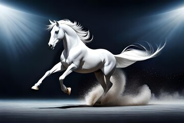 Fototapeta na wymiar White horse run forward in dust on dark background