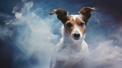 In swirling mist, a spirited Jack Russell materializes, white coat with tan patches, lively eyes, and poised stance capturing its energetic and clever nature within the mystical haze.