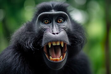 Celebes crested macaque with open mouth. Close up on the green natural background.  - obrazy, fototapety, plakaty