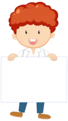 Foto auf Acrylglas Kinder Cute Male Scientist Cartoon Character Holding Blank Banner