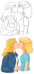 Foto auf Acrylglas Kinder Lesbian couple cartoon kissing doodle outline