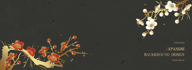 梅の花, 梅, 花, ベクター, 金箔, 金, ゴールド, 和, 和紙, 背景, 年賀状, お正月, 紅白, 高級感, 水彩, フレーム, 梅の木, イラスト,  - obrazy, fototapety, plakaty