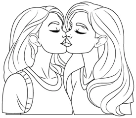 Foto auf Acrylglas Kinder Lesbian couple kissing cartoon isolated