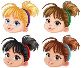 Foto auf Acrylglas Kinder Set of girl cartoon head different hair colour