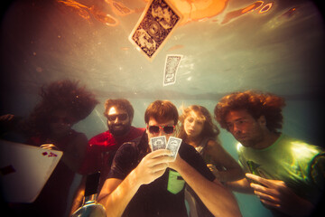Underwater poker gambling in swimming pool