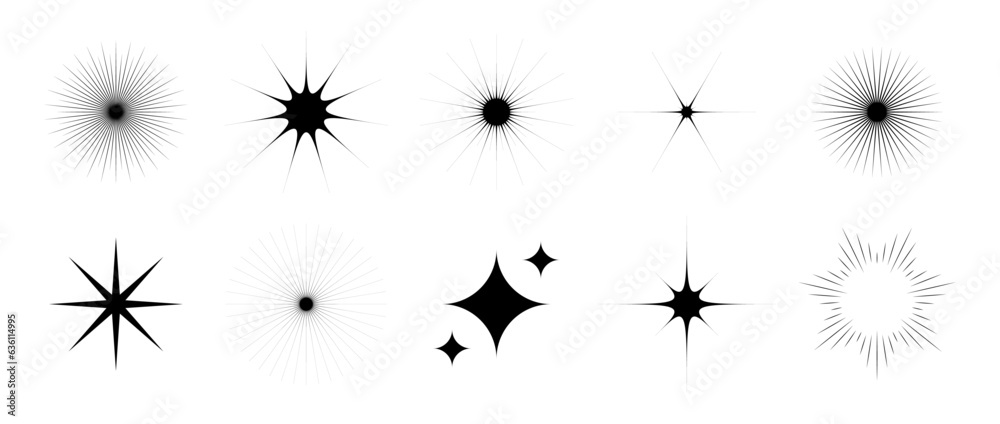 Poster various stars and twinkles set. retro blink collection. abstract black starburst shine effect pack. 
