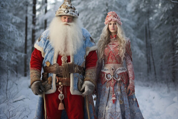Russian Ded Moroz and Russian Snow Maiden in the winter forest