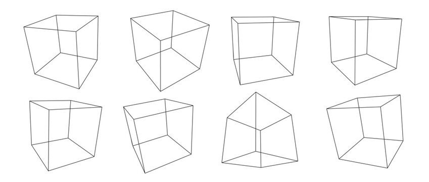 Black wireframe cube collection. Outline cubic shapes in different angles, perspective and positions. Geometric square elements for design template, icon, logo. Abstract boxes vector illustration