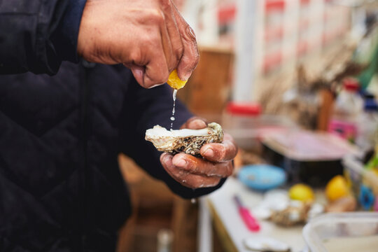 Moroccan seafood: oysters, lemons, sauces, crab
