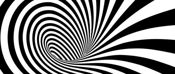 Optical illusion funnel. Striped geometric infinite tunnel. Black and white abstract hypnotic hole shape. Vector Op art wormhole illustration
