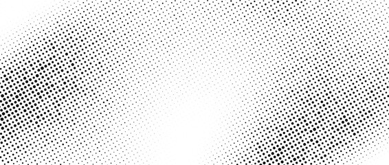 Halftone faded wavy gradient texture. Grunge dirty speckles and spots background. Black and white uneven sand grain wallpaper. Retro random pixelated comic cartoon vector backdrop. 
