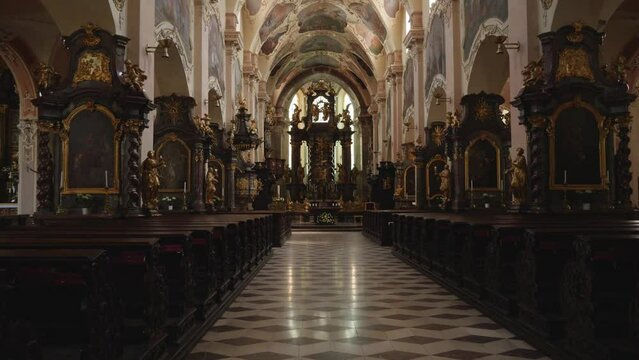 Interior  of Church of the Assumption of the Virgin Mary On Strahov, Prague in Czech Republic.Tilt up shot.