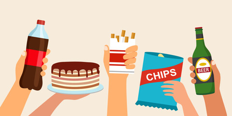 Bad habits concept vector illustration. Hand holding cigarettes, alcohol drink, soda, snack and sweet cake in flat design.