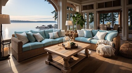 Obraz premium Relaxing Coastal Lounge: Nautical Decor Generative AI