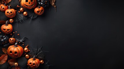Happy halloween decoration  with pumpkins, leaves and spider web on dark background. Autumn holiday concept composition and mock up . Top view with copy space