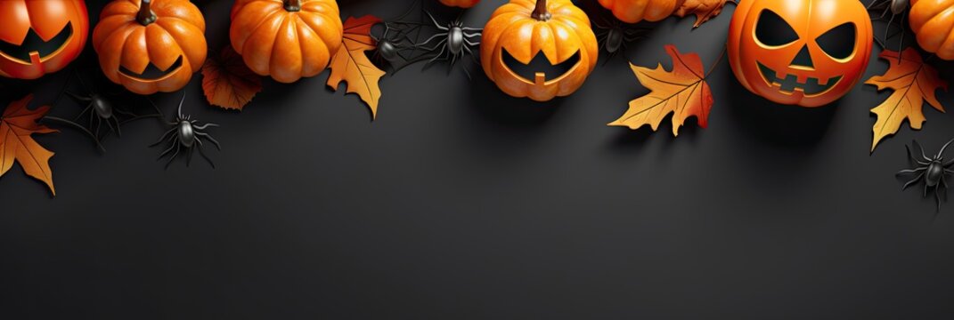 Happy halloween decoration  with pumpkins, leaves and spider web on dark background. Autumn holiday concept composition and mock up . Top view with copy space