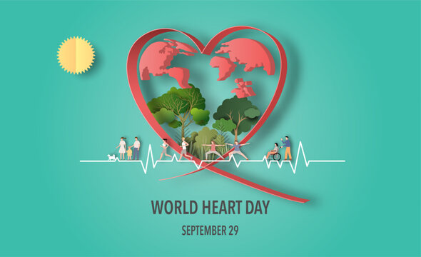 World Heart Day concept, a lot of people at the background involved in activity, paper art and craft style, flat-style vector illustration.