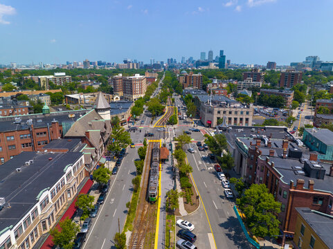 Boston Back Bay skyline aerial view including John Hancock Tower, Prudential Tower, and Four Season Hotel from Coolidge Corner on Beacon Avenue in Brookline near Boston, Massachusetts MA, USA.  