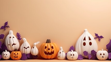 Fototapeta premium Happy halloween decoration with pumpkins, leaves and spider web on cream background. Autumn holiday concept composition and mock up . Top view with copy space