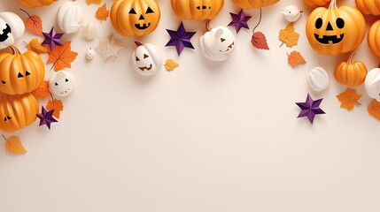 Happy halloween decoration  with pumpkins, leaves and spider web on cream background. Autumn holiday concept composition and mock up . Top view with copy space