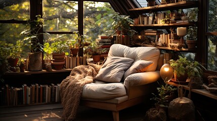 Relaxing Reading Nook: Comfy Chair & Bookshelves Generative AI