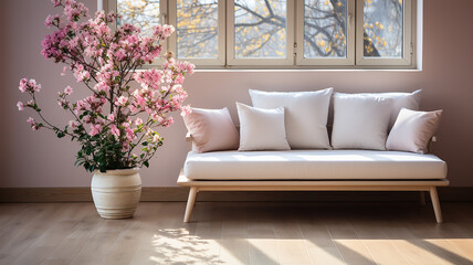White Couch with Pink Blossoms