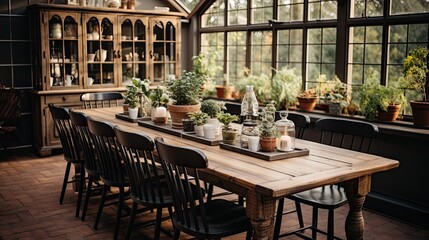 Naklejka premium Farmhouse Dining Room: Rustic Charm & Vintage Decor Generative AI