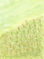 Watercolor painting nature background of sky, meadow and flower on paper. Landscape. illustration for environment or spring, summer and season concept. copy space. Hand painted texture style. vertical
