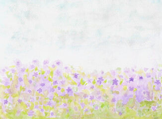 Fototapeta na wymiar Watercolor painting nature background of sky, field of flowers on paper. Landscape. illustration for environment or spring, summer and season concept. copy space for text. Hand painted texture style.