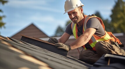 Construction worker with safety hardhat working on roof tiles installation. - obrazy, fototapety, plakaty