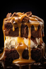 Delicious Brownie with Ice Cream and Salty Caramel Sauce 