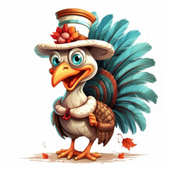Thanksgiving turkey cartoon wearing a formal hat - Clip art - obrazy, fototapety, plakaty