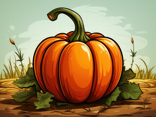 cartoon pumpkin drawing in field on leaf - colored