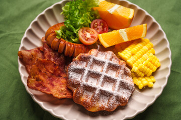 Breakfast Waffles Bacon Sausage and Salad