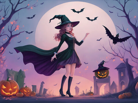 Halloween illustration colorful, cute anime witch standing; ai generative