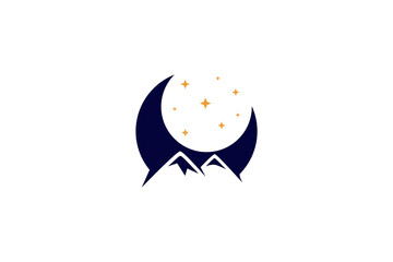 Crescent moon logo with mountain and stars combination
